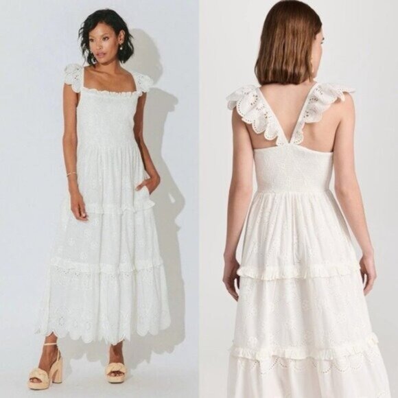 Cleobella Taryn Eyelet Ruffled Tiered Ivory Smocked Cotton Midi Dress Size XS - Picture 2 of 12